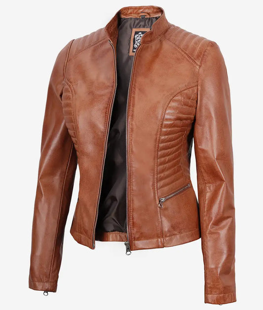 Women's Slim Fit Tan Brown Lambskin Leather Jacket